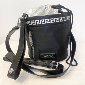 Versace Parfums NWOT Black & Silver Greek Key Drawstring Bucket Crossbody Bag